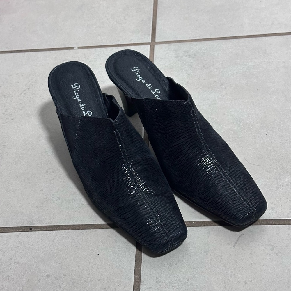 Diego Di Lucca Women Black Leather Mules with Heel,‎ made in Brazil size 8.5